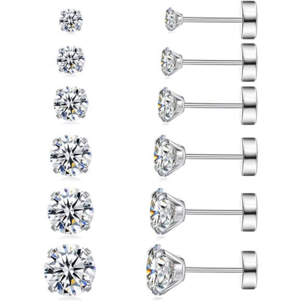 6 Pairs Hypoallergenic Surgical Steel Threaded Ear Studs for Cartilage, Helix
